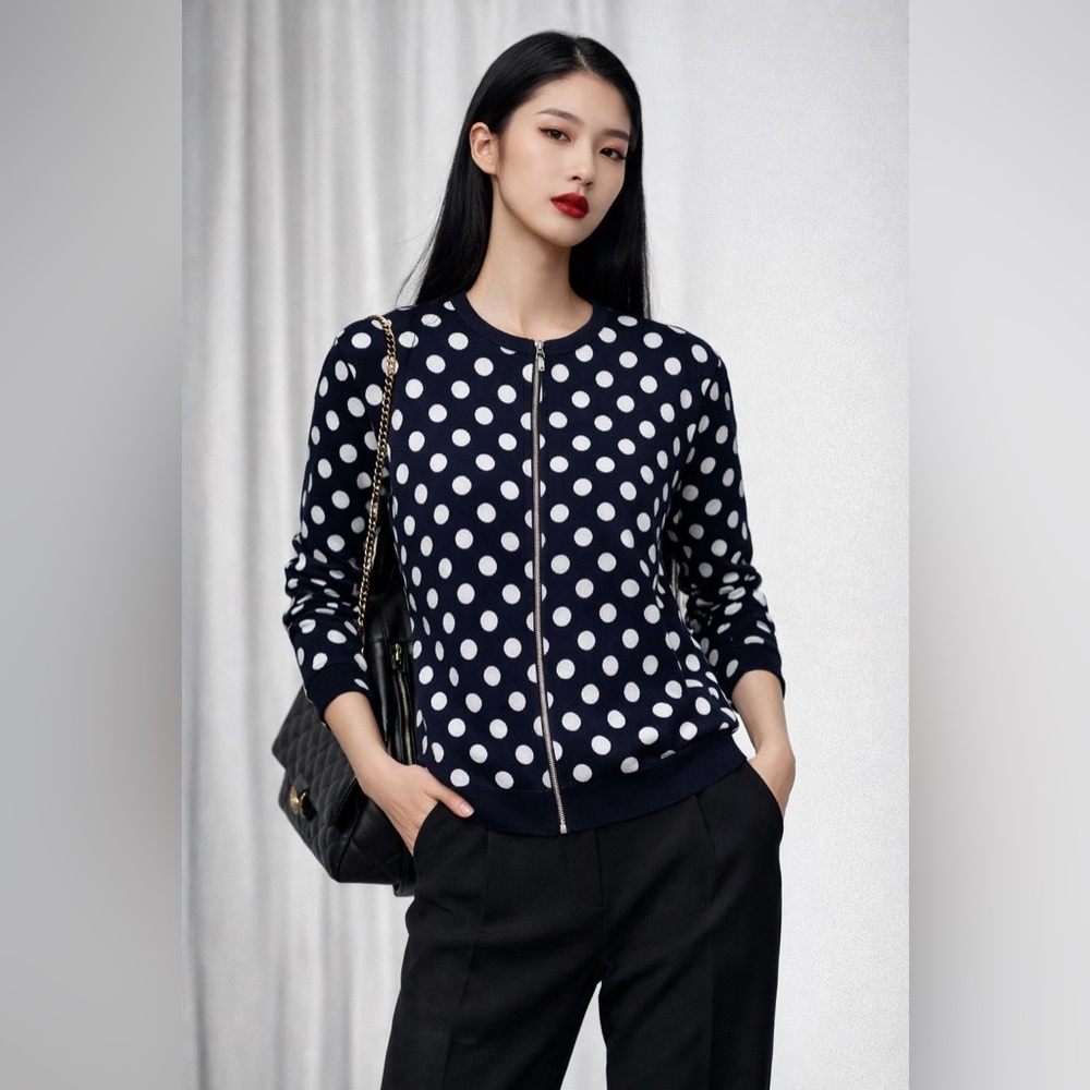 K-Fashion Star Girl Polka Dot Zip Jacket Cardigan Navy White Small Spring Summer
